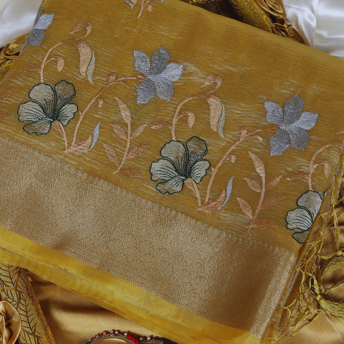 Premium Tissue Banarasi Silk Saree (Yellow Gold)