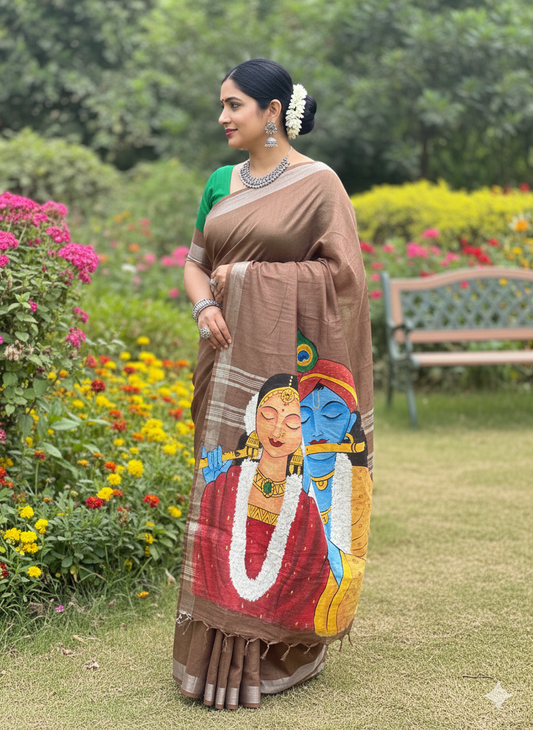 Hand Painting Saree (Brown)