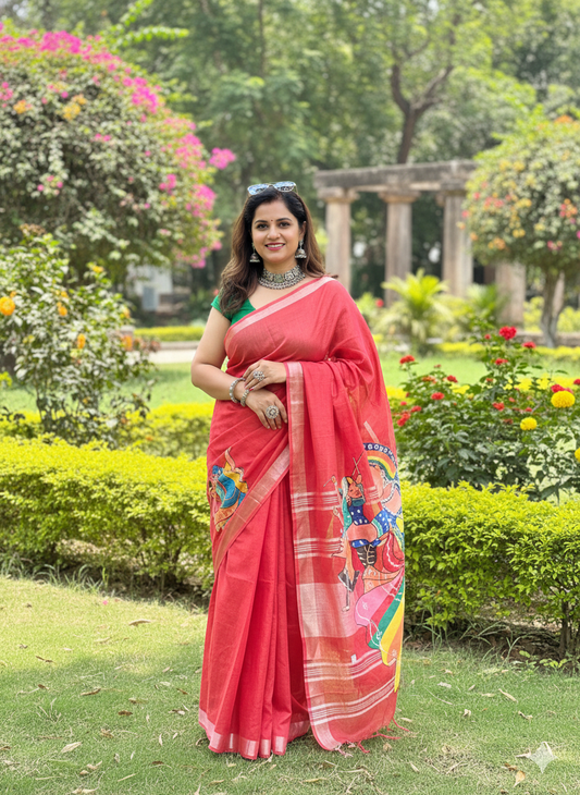 Hand-Painting Saree (Red)  Only Made to Order