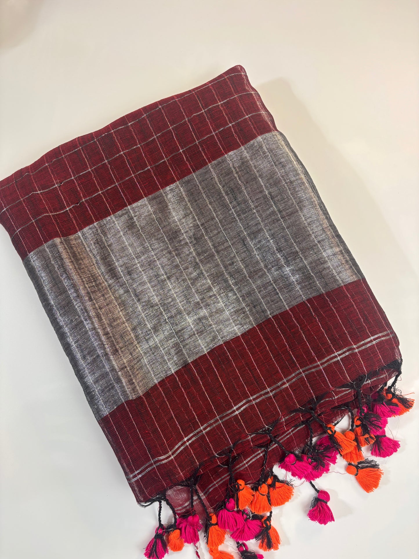 Pure Linen Check Saree (Maroon)