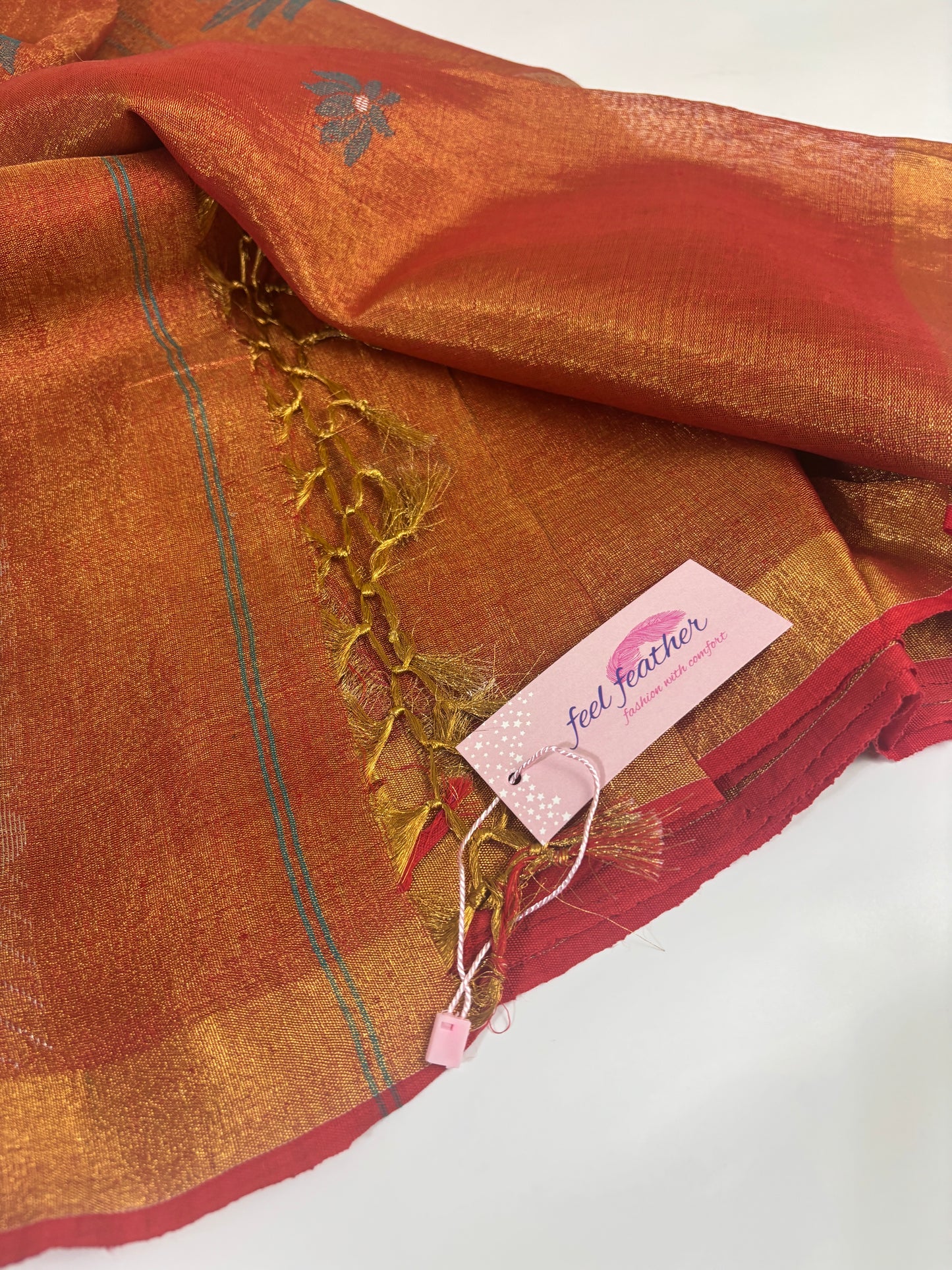 Tissue Linen Saree (Golden & Rust)