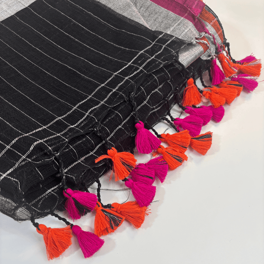 Pure Linen check Saree (Black)