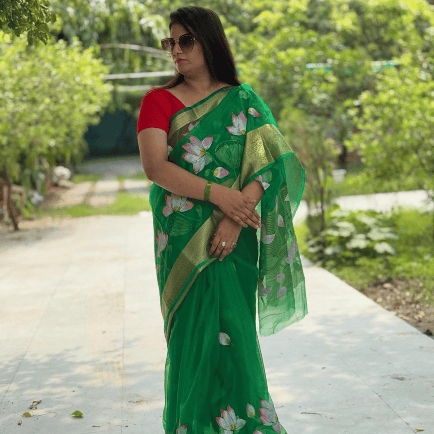 Green Organza Hand - Painting Saree