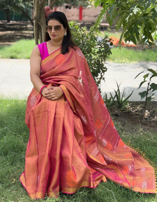 Tissue Linen Saree (Rust) – Handwoven