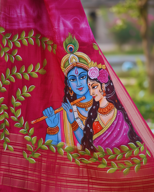 Radha Krishna Theme Hand - Painted Saree (Made to Order Only)