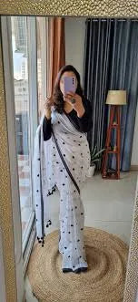 Pure 120 Count Mul Cotton Saree (White & Black)