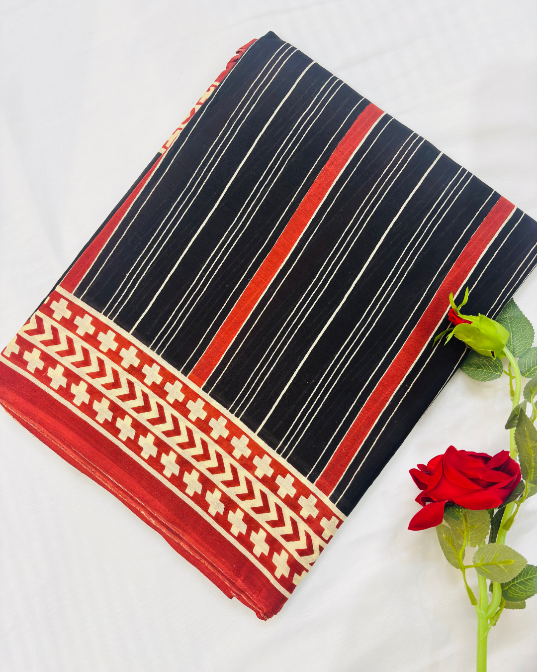 Black Pure Linen Cotton Saree with Red & Ivory Handprinted Stripes