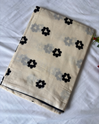 Ivory White Pure Linen Cotton Saree with Navy Blue Handprinted Motifs
