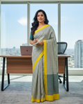 Ivory & Teal Linen Cotton Saree with Mustard Yellow Border