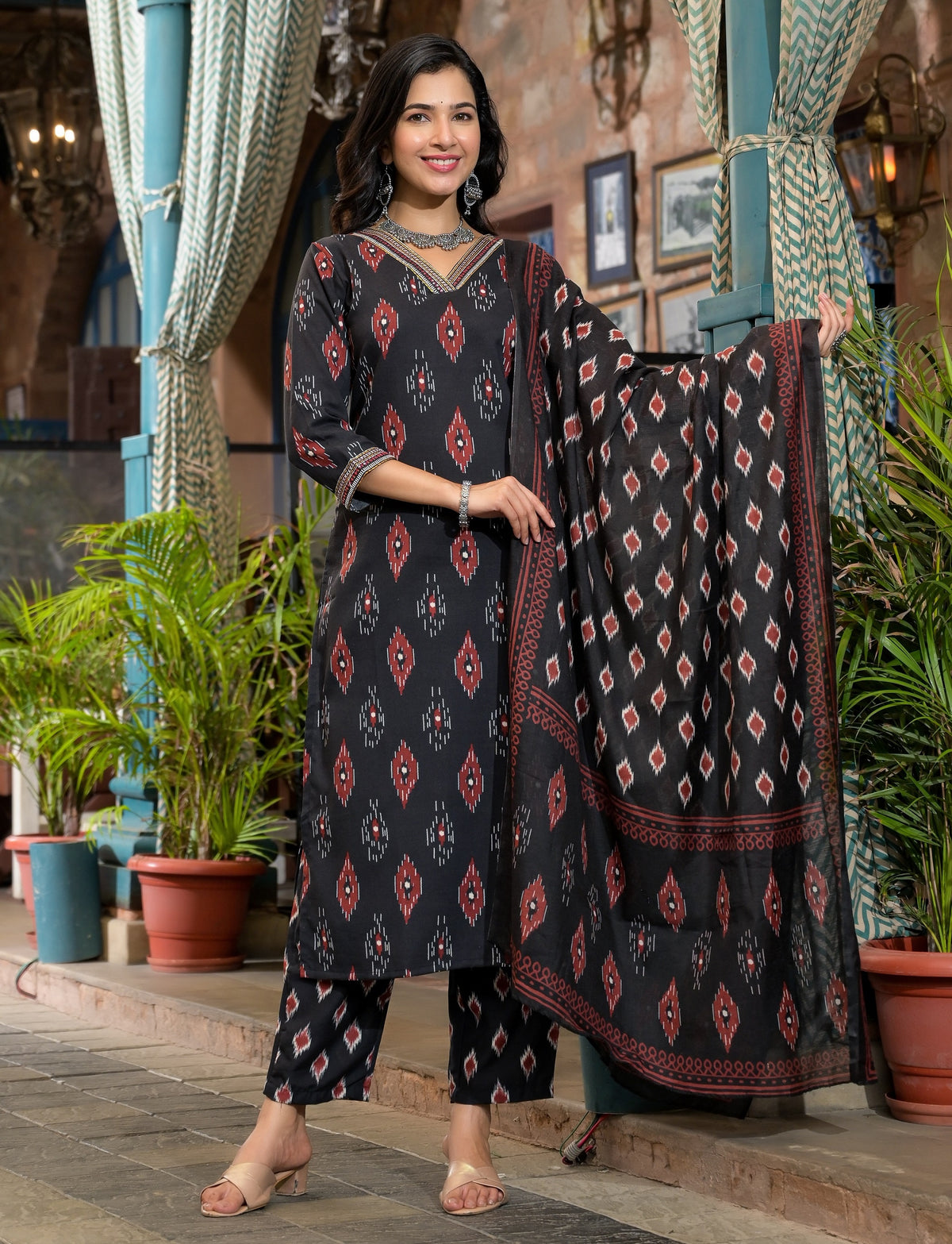 Black Jaipuri Cotton Kurta Pant Set
