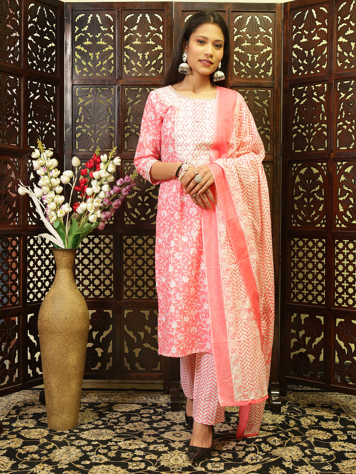 Jaipuri Pure Cotton Kurta Pant Set with Dupatta