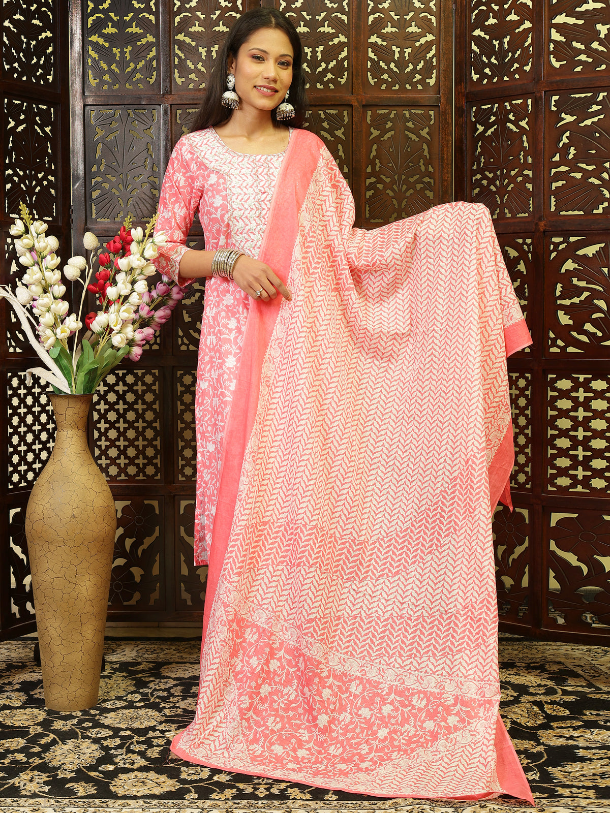 Jaipuri Pure Cotton Kurta Pant Set with Dupatta