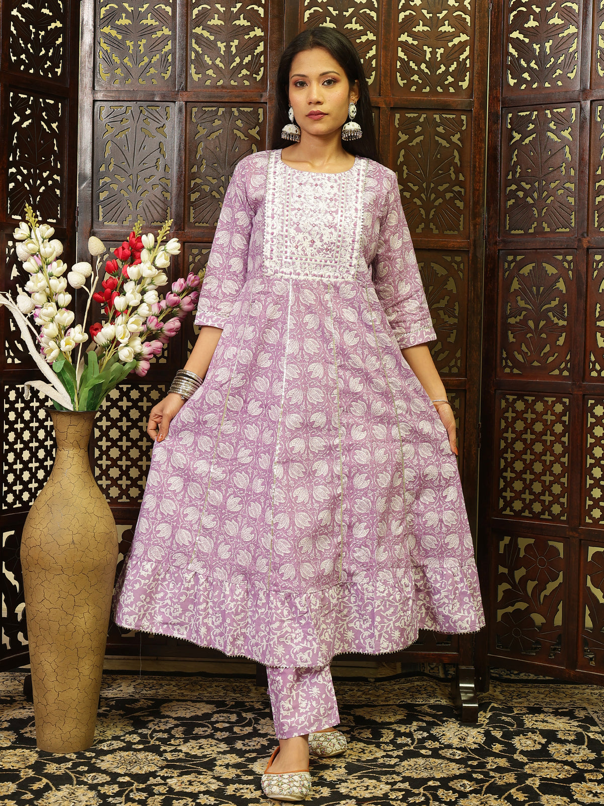 Jaipuri Cotton Anarkali Kurta Pant Set