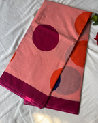 Peach Pink Pure Linen Cotton Saree with Multicolour Polka Dots & Wine Border