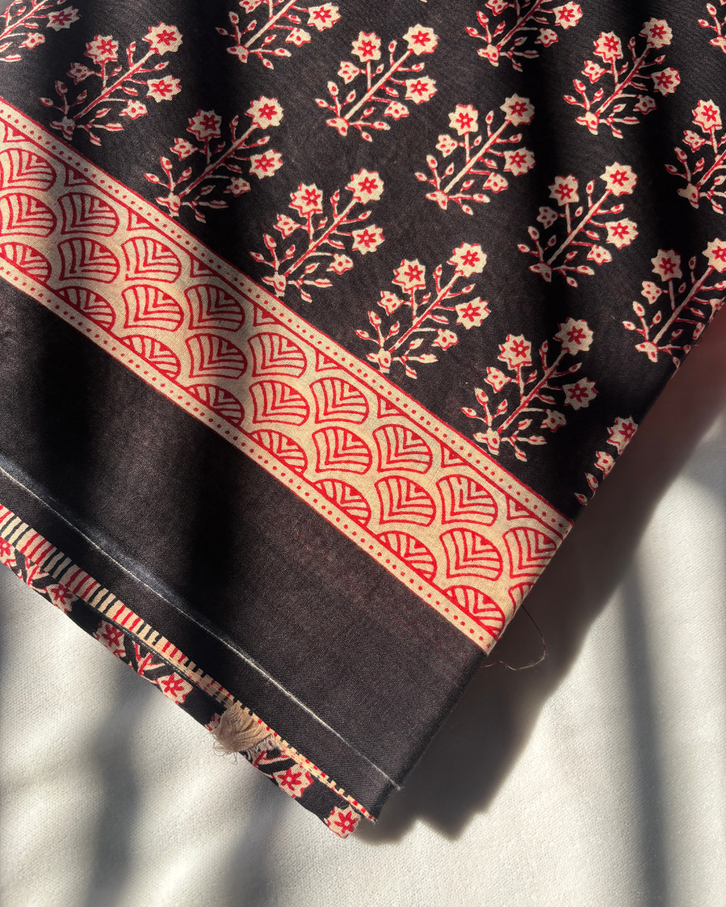Classic Black Linen Cotton Saree with Red & Beige Hand Block Print