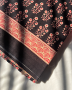 Classic Black Linen Cotton Saree with Red & Beige Hand Block Print