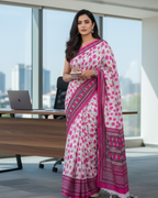 Ivory Beige Pure Linen Cotton Saree with Rani Pink Floral Handprint & Contrast Pallu