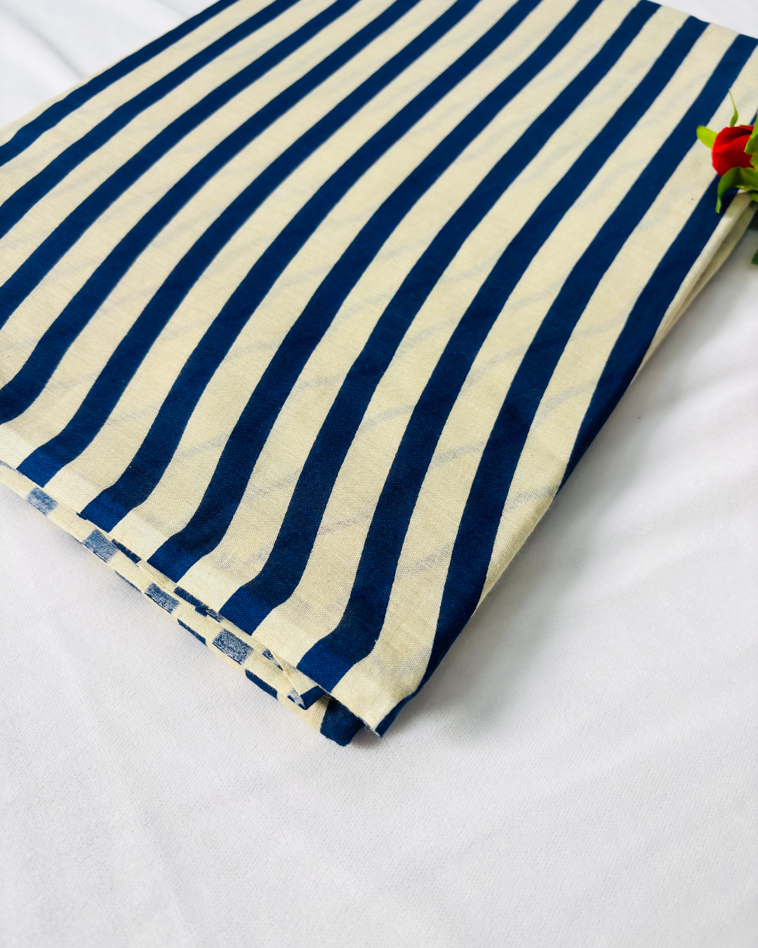 Ivory White Pure Linen Cotton Saree with Indigo Blue Stripes & Handprinted Pallu