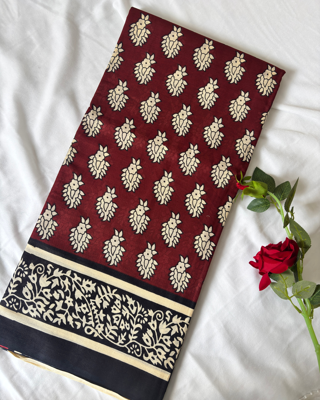 Wine Red & Black Pure Linen Cotton Saree with Beige Hand Block Print