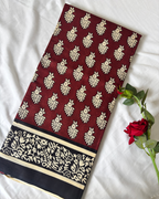 Wine Red & Black Pure Linen Cotton Saree with Beige Hand Block Print