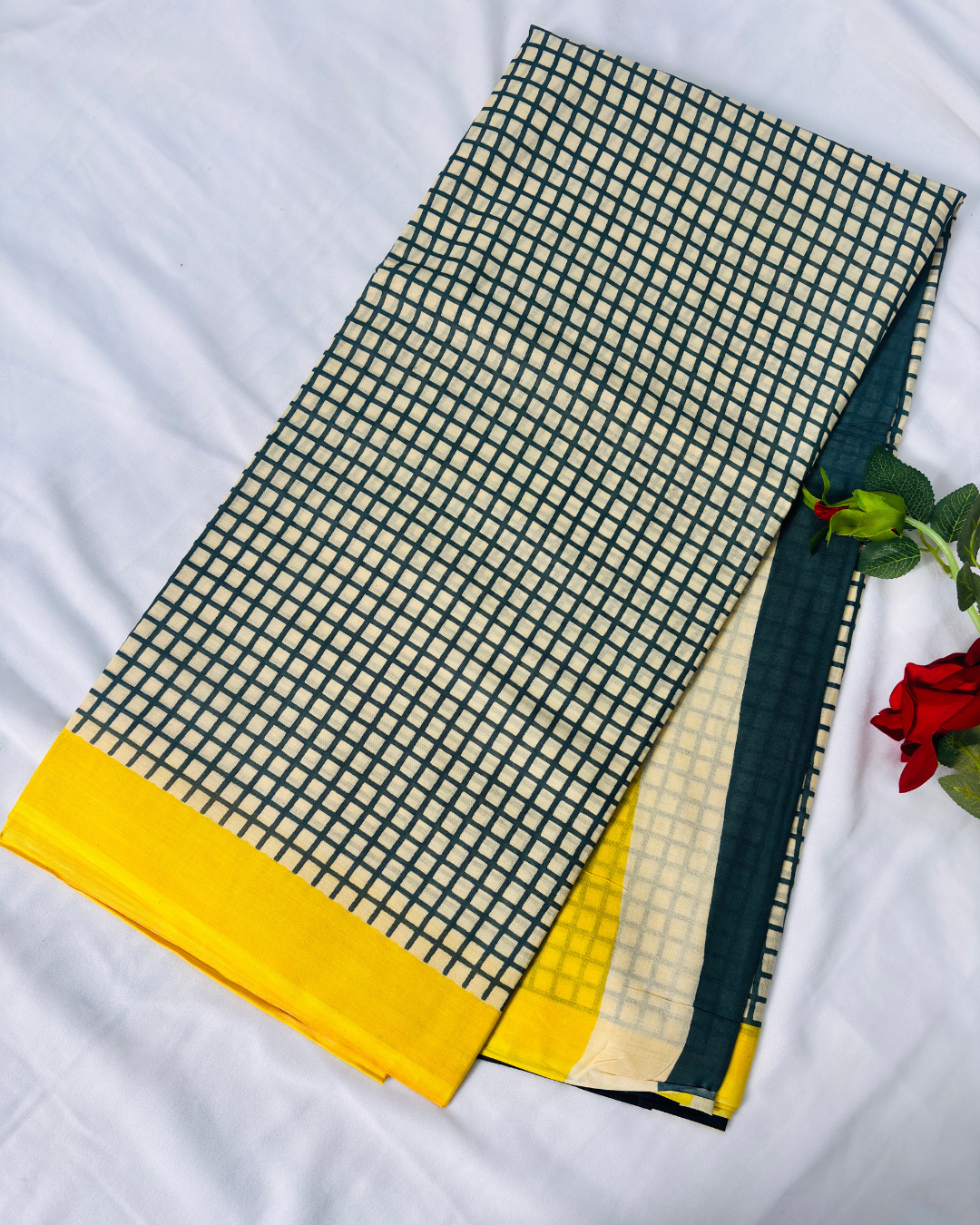 Ivory & Teal Linen Cotton Saree with Mustard Yellow Border