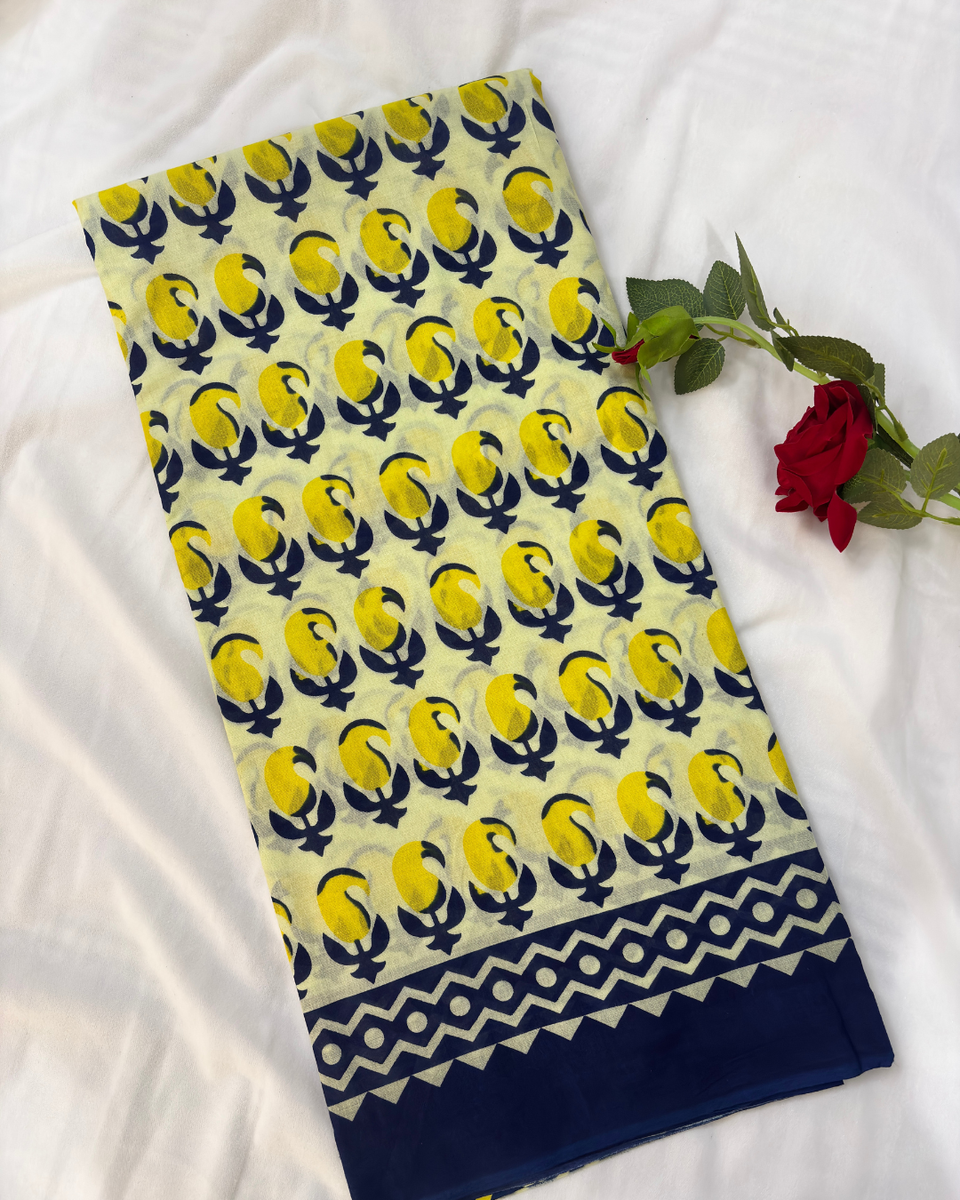 Ivory White & Mustard Yellow Pure Linen Cotton Saree with Navy Blue Border