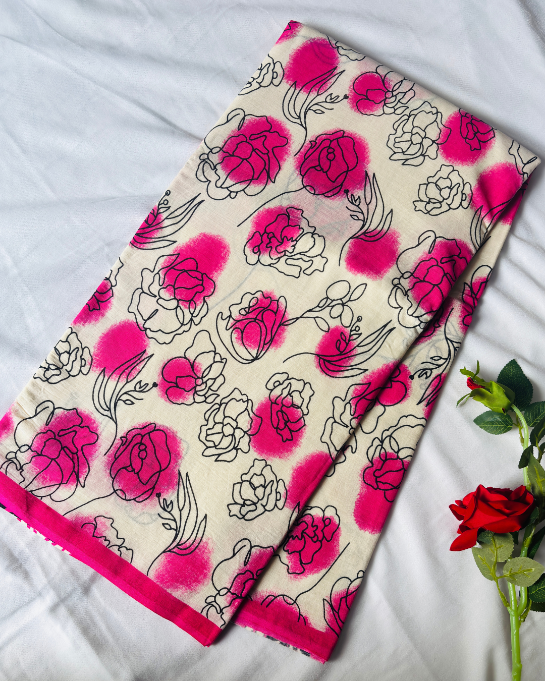 Ivory Beige Pure Linen Cotton Saree with Rani Pink Floral Handprint & Contrast Pallu