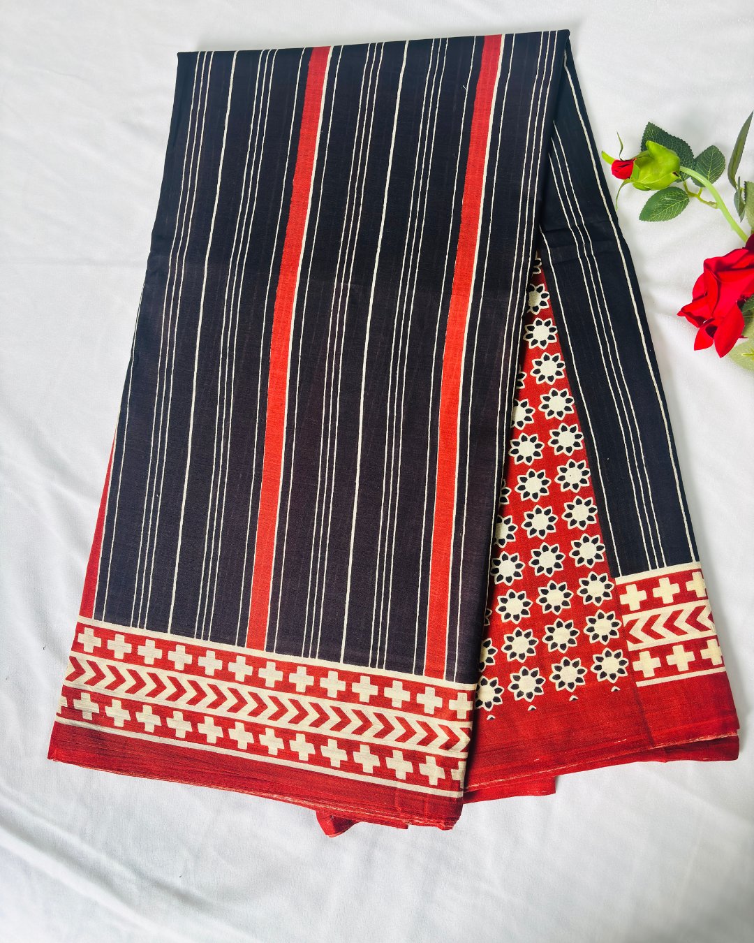 Black Pure Linen Cotton Saree with Red & Ivory Handprinted Stripes