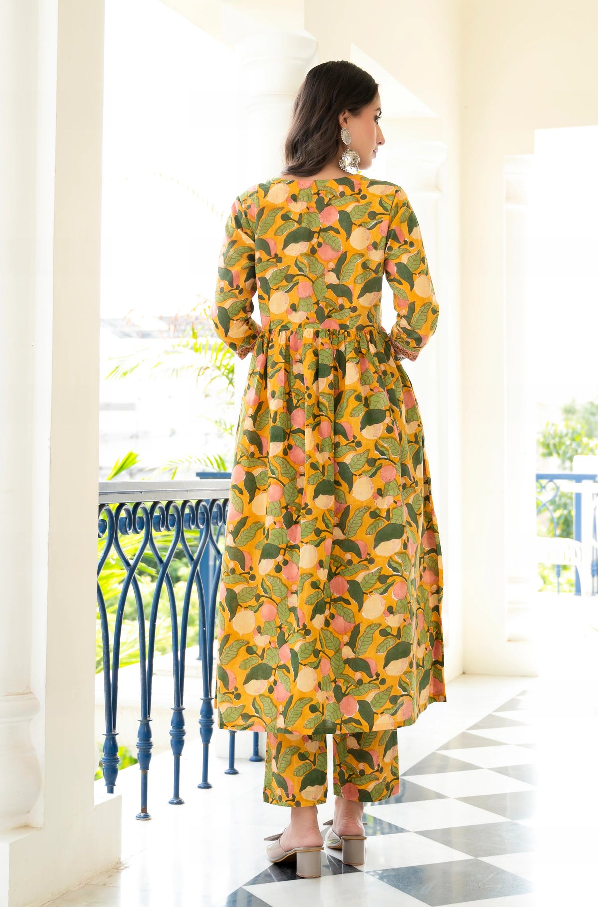 Yellow Jaipuri Cotton Kurta Pant Set with Flower Print