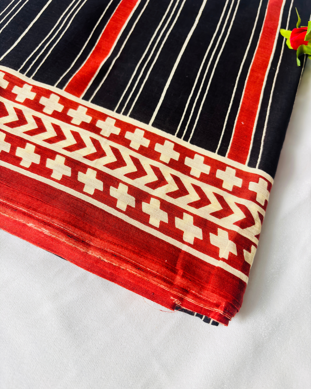 Black Pure Linen Cotton Saree with Red & Ivory Handprinted Stripes
