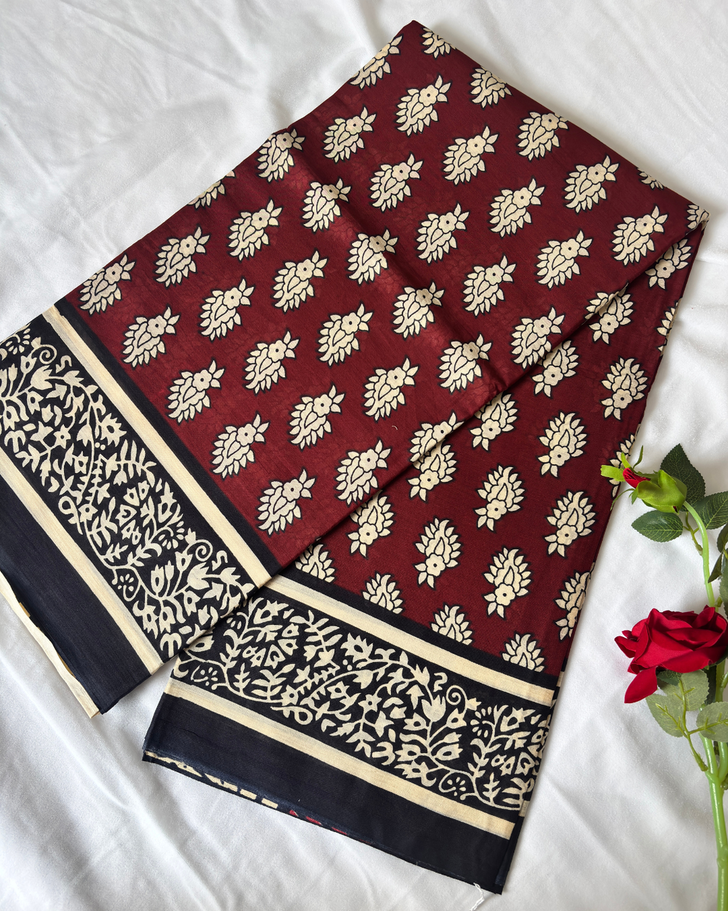 Wine Red & Black Pure Linen Cotton Saree with Beige Hand Block Print