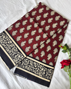 Wine Red & Black Pure Linen Cotton Saree with Beige Hand Block Print