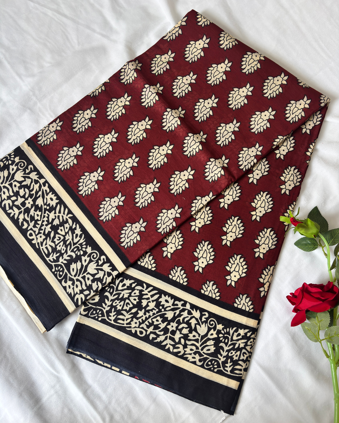 Wine Red & Black Pure Linen Cotton Saree with Beige Hand Block Print