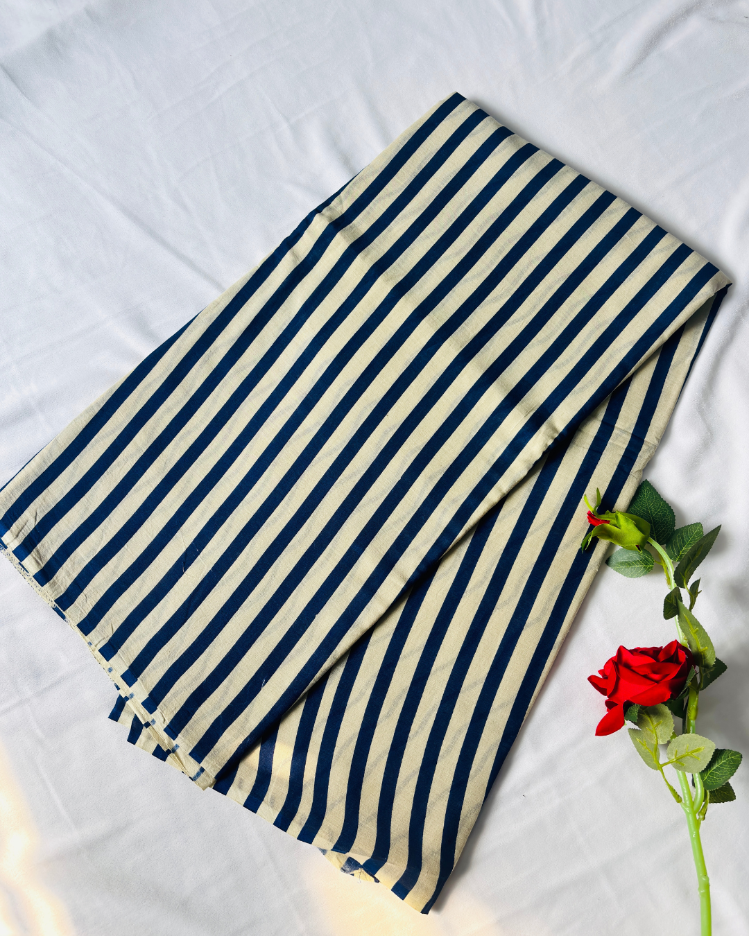 Ivory White Pure Linen Cotton Saree with Indigo Blue Stripes & Handprinted Pallu