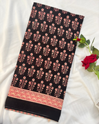 Classic Black Linen Cotton Saree with Red & Beige Hand Block Print