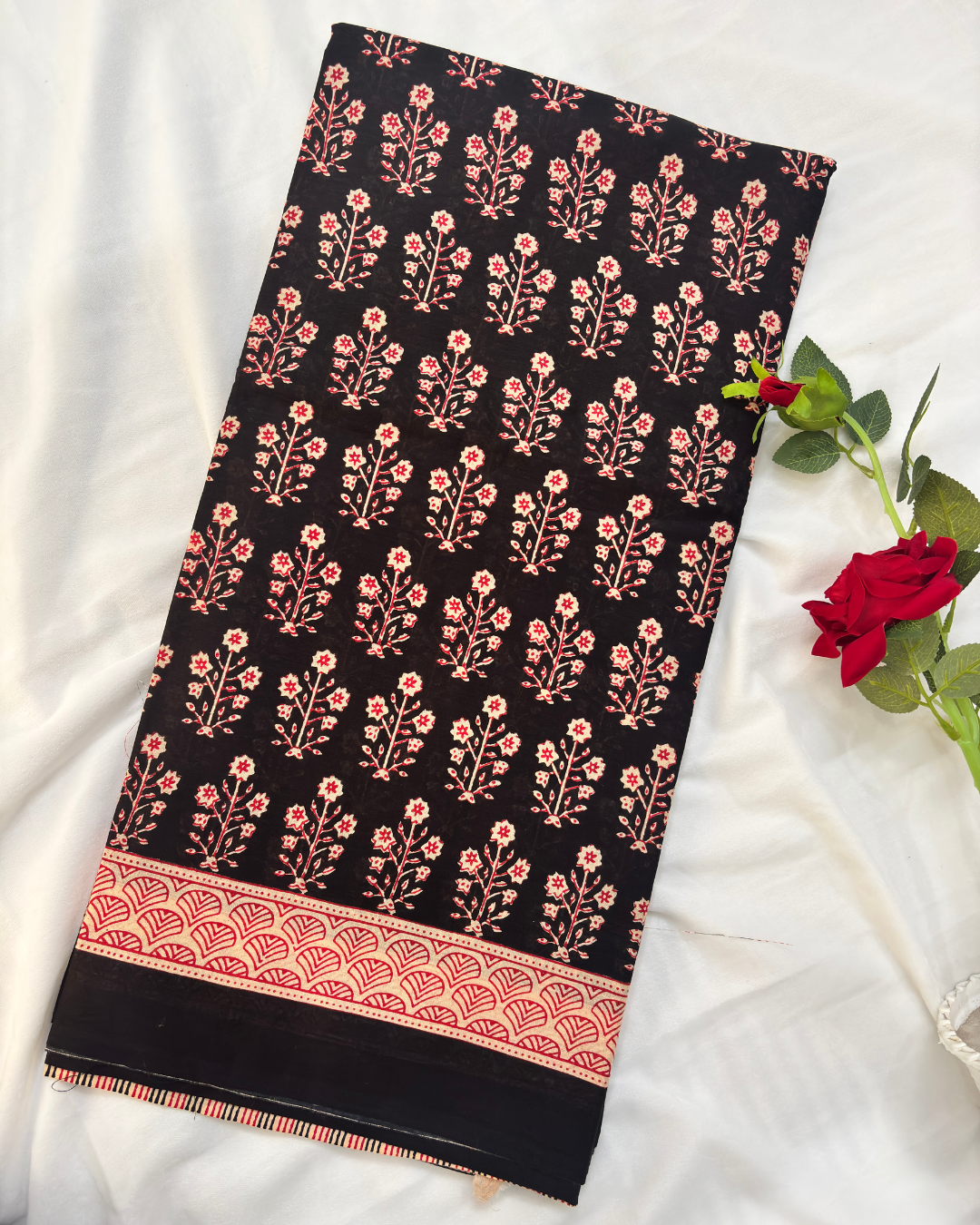 Classic Black Linen Cotton Saree with Red & Beige Hand Block Print