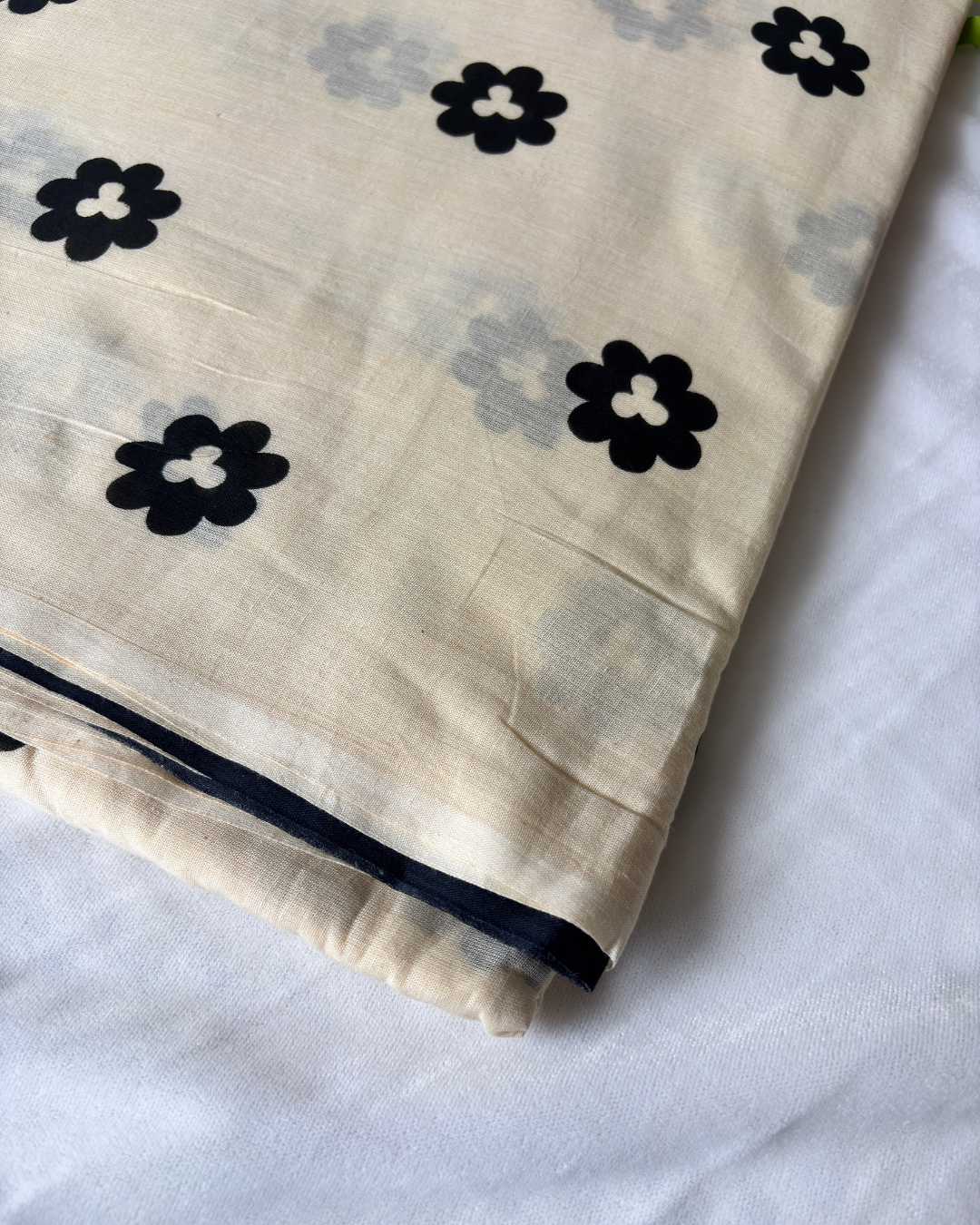 Ivory White Pure Linen Cotton Saree with Navy Blue Handprinted Motifs