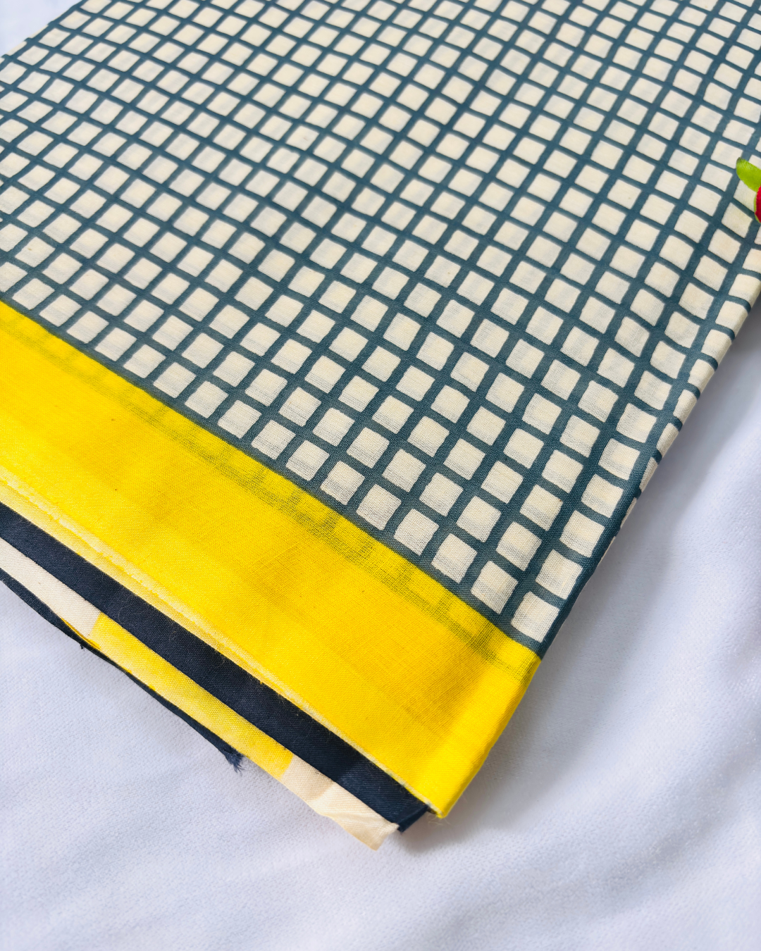 Ivory & Teal Linen Cotton Saree with Mustard Yellow Border