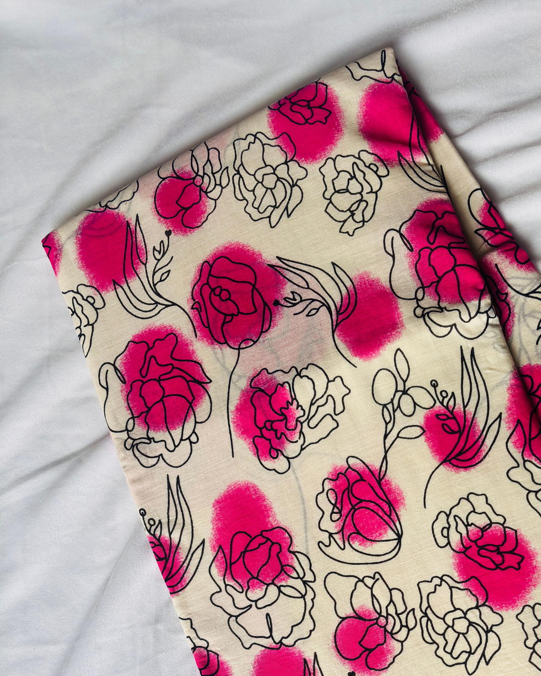 Ivory Beige Pure Linen Cotton Saree with Rani Pink Floral Handprint & Contrast Pallu