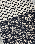 Ivory & Black Geometric Printed Pure Linen Cotton Saree with Contrast Leaf Print Pallu