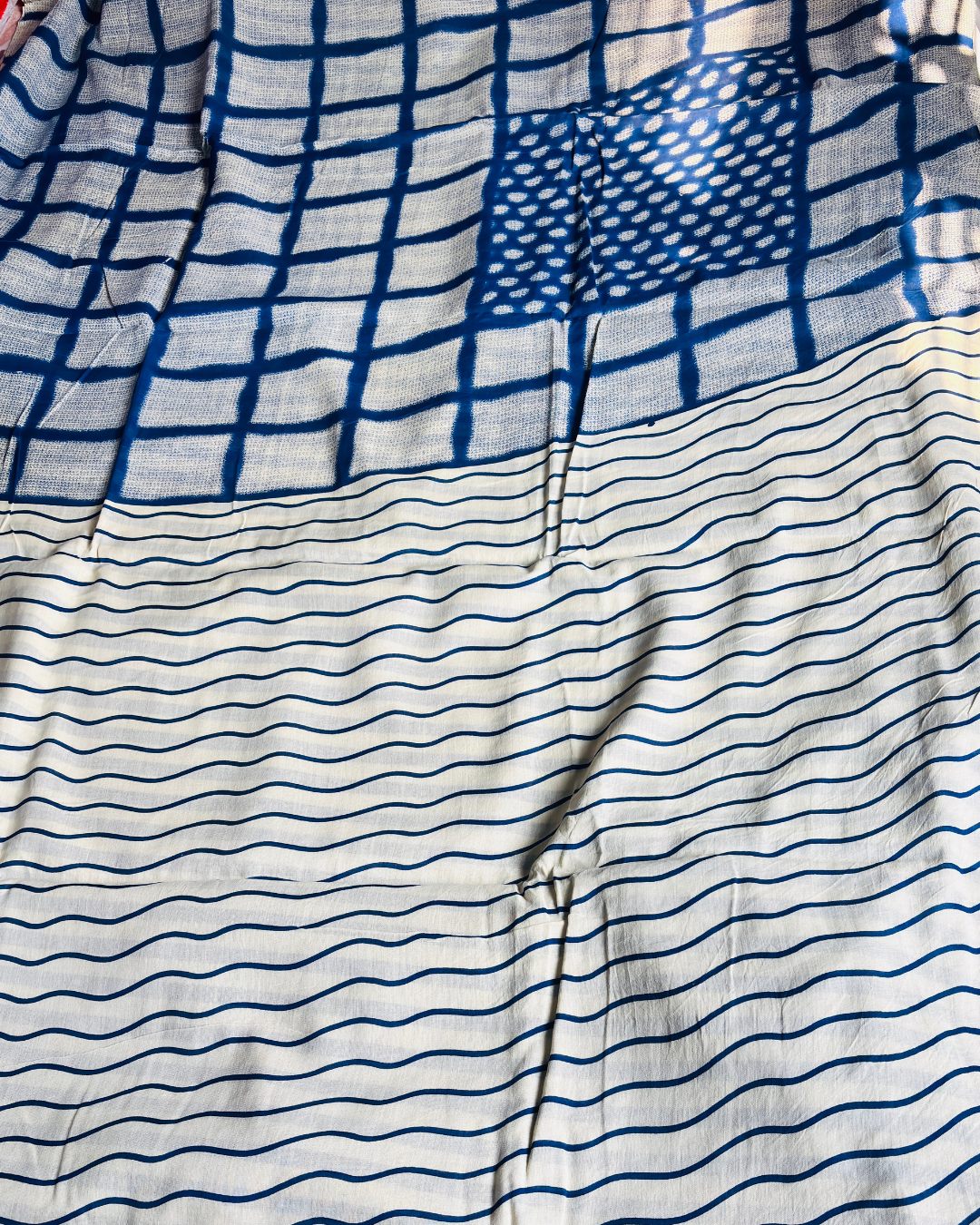 Ivory White Pure Linen Cotton Saree with Indigo Blue Stripes & Handprinted Pallu