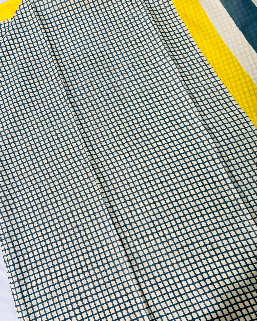 Ivory & Teal Linen Cotton Saree with Mustard Yellow Border