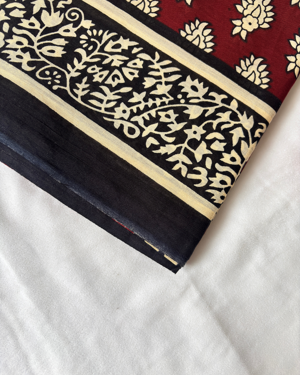Wine Red & Black Pure Linen Cotton Saree with Beige Hand Block Print
