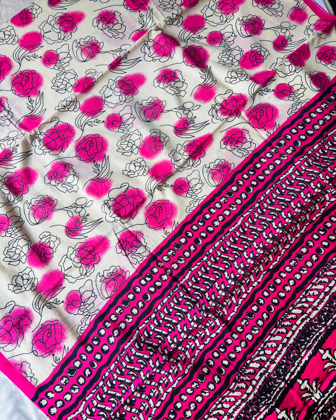 Ivory Beige Pure Linen Cotton Saree with Rani Pink Floral Handprint & Contrast Pallu