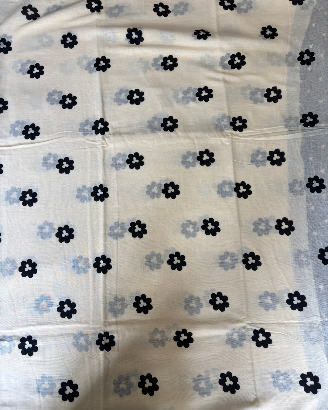 Ivory White Pure Linen Cotton Saree with Navy Blue Handprinted Motifs