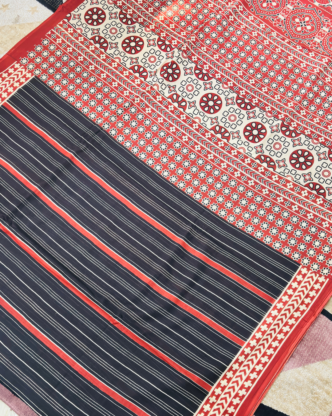 Black Pure Linen Cotton Saree with Red & Ivory Handprinted Stripes