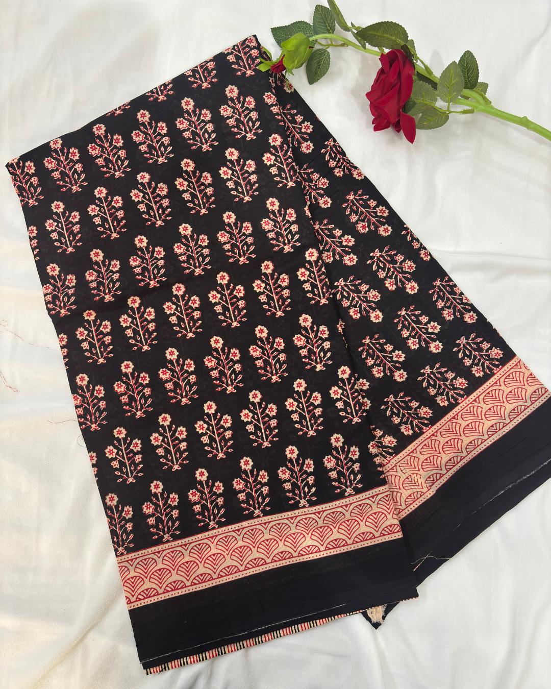 Classic Black Linen Cotton Saree with Red & Beige Hand Block Print