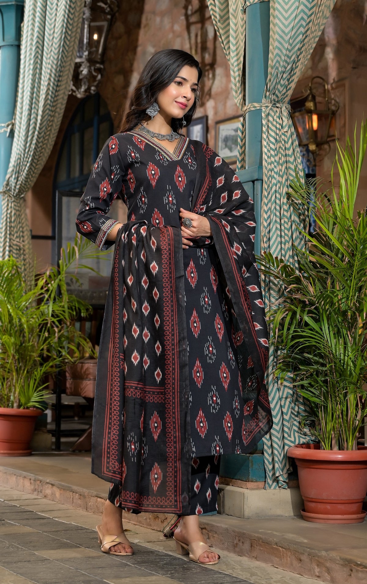 Black Jaipuri Cotton Kurta Pant Set