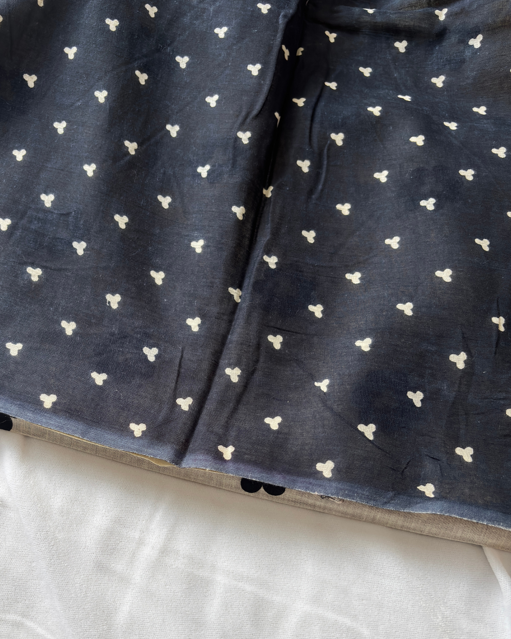 Ivory White Pure Linen Cotton Saree with Navy Blue Handprinted Motifs