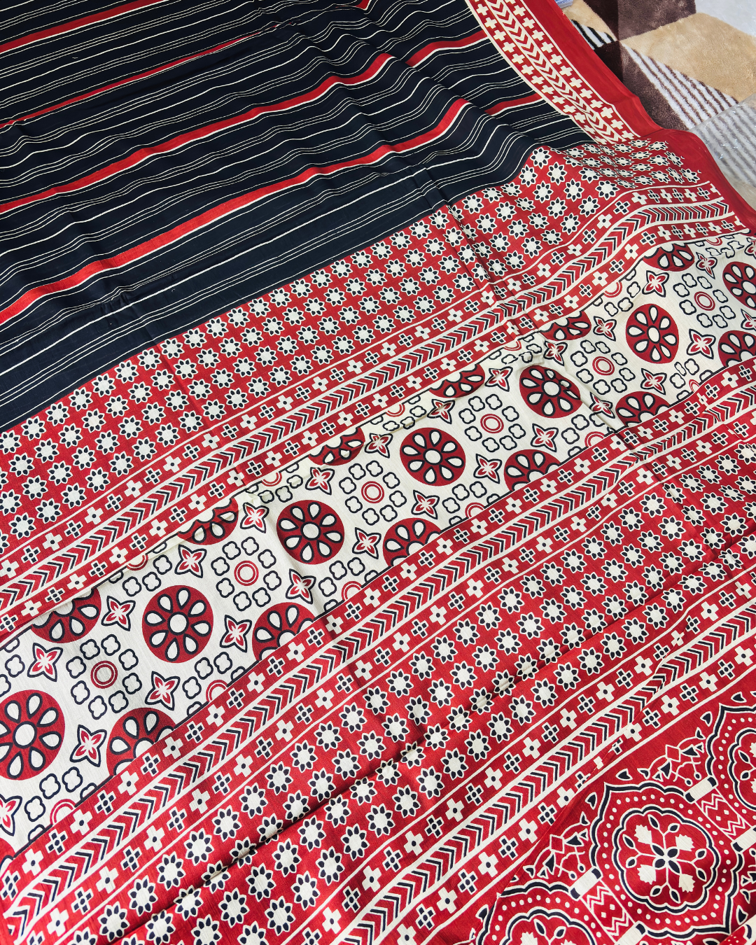 Black Pure Linen Cotton Saree with Red & Ivory Handprinted Stripes